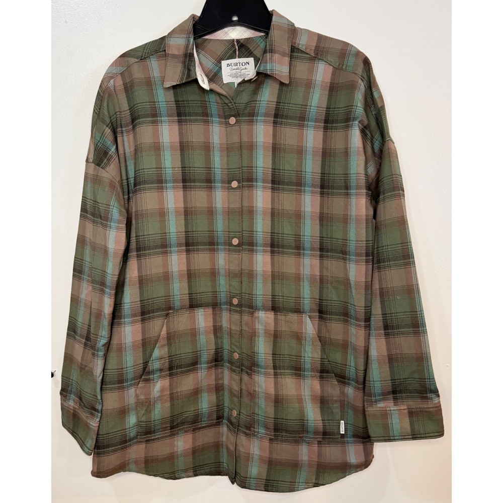 Burton Teyla‎ Flannel LS Shirt Women's XS Green Brown Plaid Snap Front Pocket